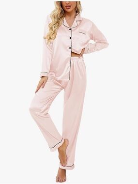 Ekouaer Women's Classic Button Down Long Satin Silk Pajama Set